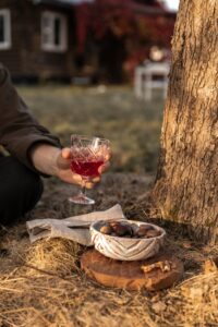 wine glass next to a tree and plate, autumn, ideal wine company,t