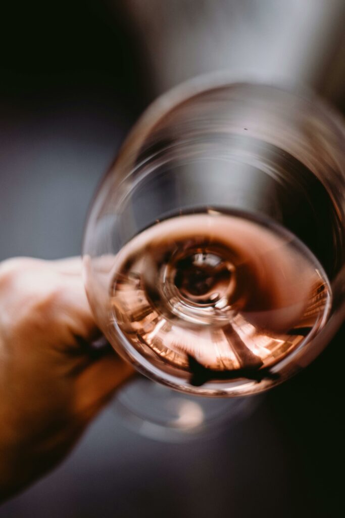 wine aging, top angle of rose wine in a glass