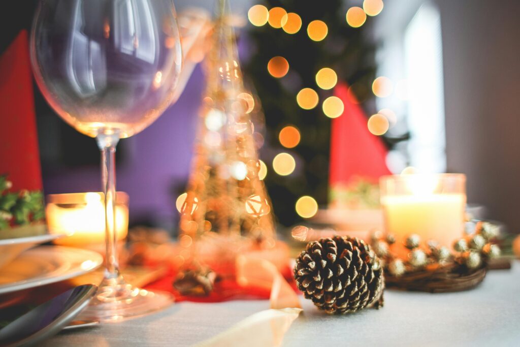 wine gifts, wine glass on festive table